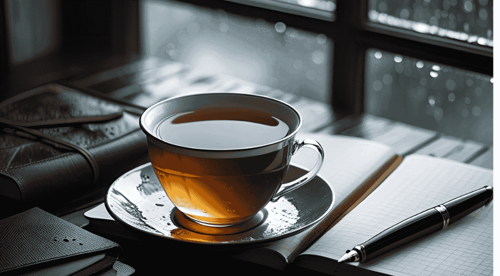 Uma xícara de chá e um caderno aberto em uma mesa, simbolizando a pausa e a reflexão necessárias para repensar o esgotamento profissional.