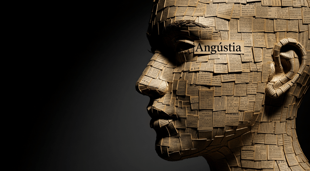 Fotografia de arte conceitual, um rosto humano composto por um mosaico de palavras e textos de livros antigos.