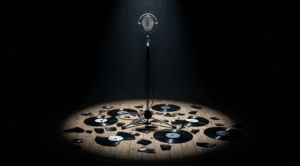 Um microfone vintage em um palco escuro, cercado por um disco de vinil quebrado, simbolizando a trágica história de Amy Winehouse e a fragmentação causada pelo trauma.