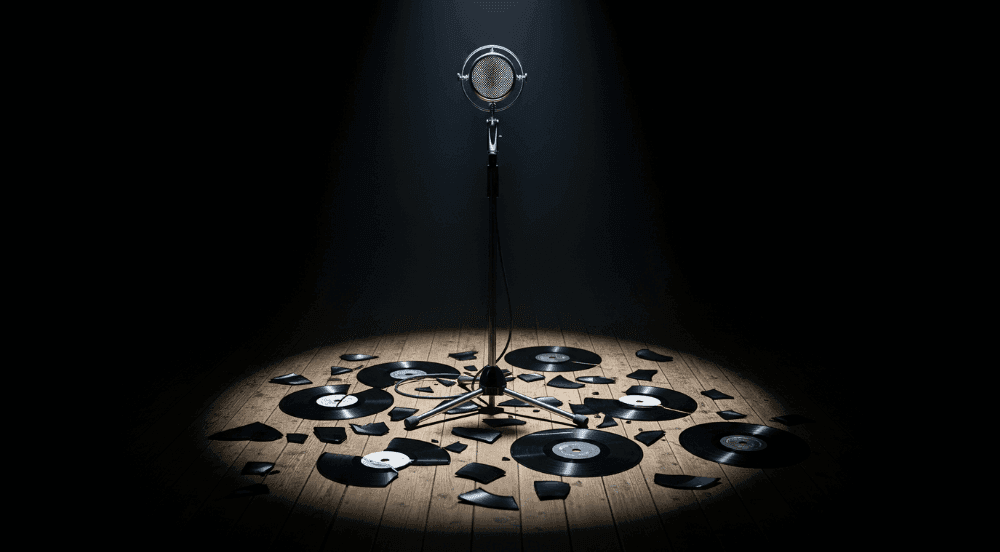 Um microfone vintage em um palco escuro, cercado por um disco de vinil quebrado, simbolizando a trágica história de Amy Winehouse e a fragmentação causada pelo trauma.