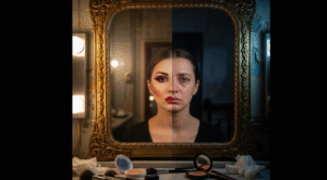 Um espelho refletindo a divisão entre uma persona de palco (Anitta) e um eu vulnerável (Larissa), simbolizando o conflito psíquico da alta performance