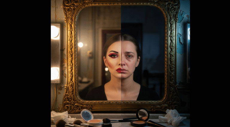 Um espelho refletindo a divisão entre uma persona de palco (Anitta) e um eu vulnerável (Larissa), simbolizando o conflito psíquico da alta performance
