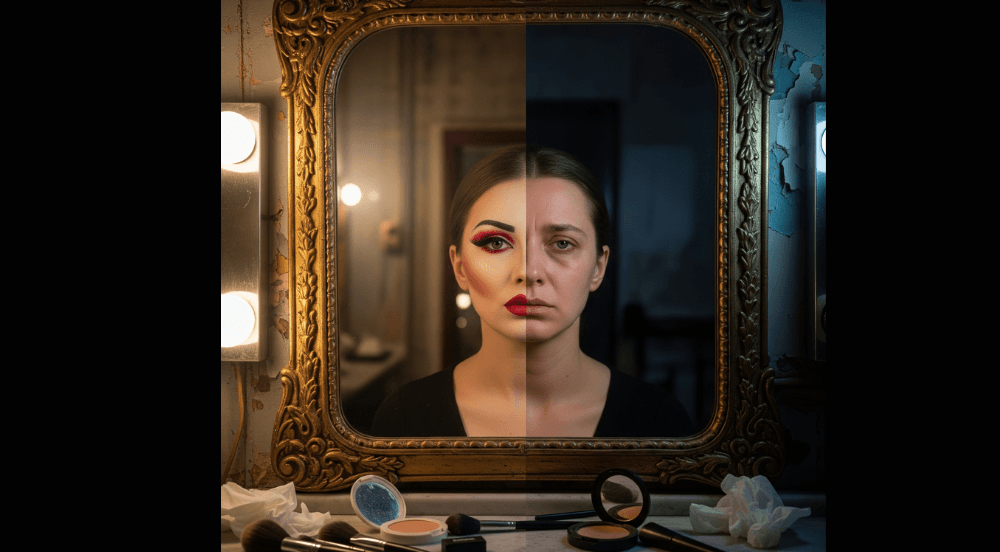 Um espelho refletindo a divisão entre uma persona de palco (Anitta) e um eu vulnerável (Larissa), simbolizando o conflito psíquico da alta performance