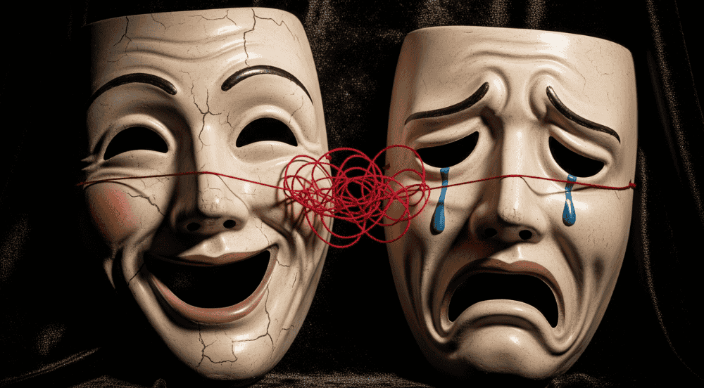 Duas máscaras teatrais conectadas por um fio vermelho, simbolizando a repetição de padrões inconscientes nos relacionamentos amorosos.