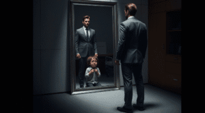 Um executivo bem-sucedido cujo reflexo no espelho é uma criança assustada, simbolizando o conflito interno da Síndrome do Impostor.