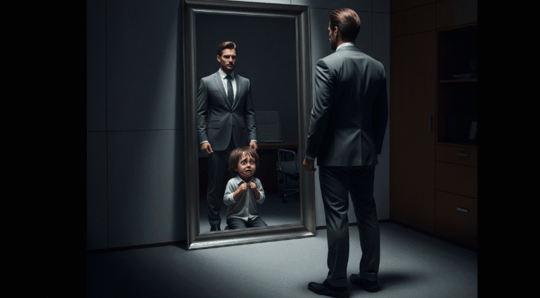 Um executivo bem-sucedido cujo reflexo no espelho é uma criança assustada, simbolizando o conflito interno da Síndrome do Impostor.
