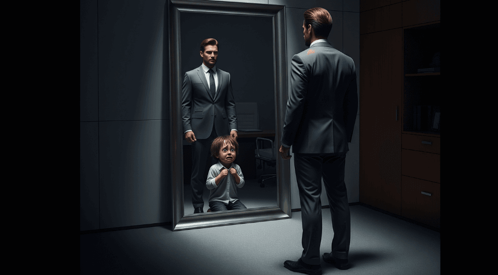 Um executivo bem-sucedido cujo reflexo no espelho é uma criança assustada, simbolizando o conflito interno da Síndrome do Impostor.